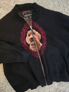 🔥SANTO STUDIO Dog Portrait Full Zip Knit Bomber Sweater Jacket Black  L Y2K ⚡️